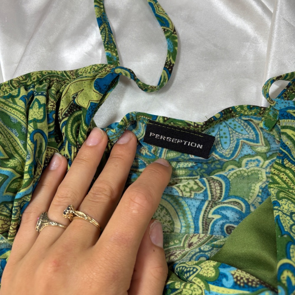 y2k Cami Top Green Excellent Paisley Sequin Empire Waist Perseption Tank - Picture 4 of 7